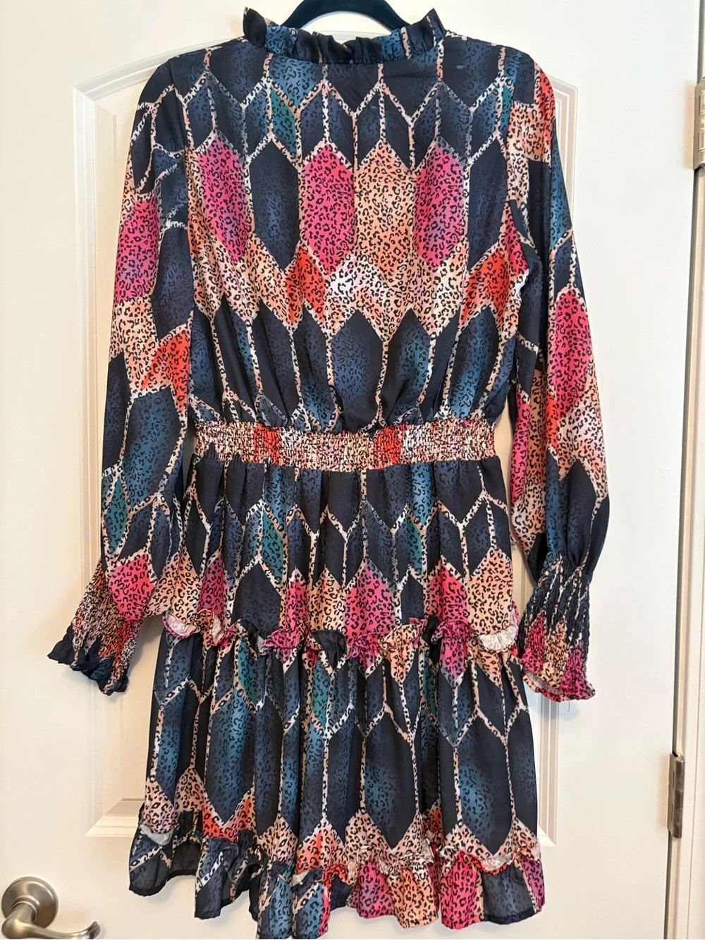 Smocked Waist Long-Sleeve Tiered Dress in Navy Multi - Picture 3 of 5